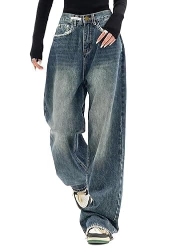 EMMIOL Baggy Jeans for Women Mid-Low Waist Streetwear Jeans Vintage Wide Leg Straight Denim Pants Womens Casual Trousers thumbnail 2