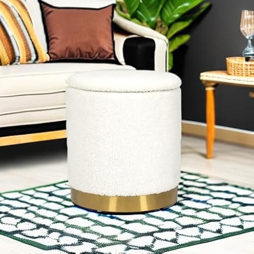 Joveco Boucle Round Ottoman with Storage,Vanity Stool with Storage for Bedroom, Ottoman Coffee Table,Small Boucle Foot Stool for Living Room, White with Gold Plating Base thumbnail 2