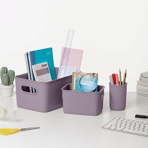 Decorative Plastic Basket Lidded Home Storage Bins Organizer, Medium Lilac Purple (1 Pack - 5 Liter) Stackable Container Box, for Organizing Closet Storage Bins for Shelves - Ribbed Collection thumbnail 2