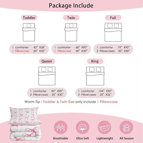 Erosebridal Cute Pink Bow Twin Bedding Set for Girls,Ribbon Bow Knot Comforter Set for Kids Kawaii Room Decor,Princess Bowknot Bed Set Girly Pink Bows Bedding Comforter Sets,1 Pillowcase thumbnail 3