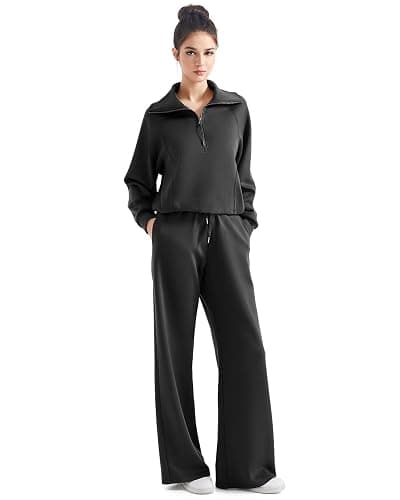 SUUKSESS Women 2 Piece Lounge Matching Set Wide Leg Sweatpant Half Zip Sweatshirt thumbnail 6
