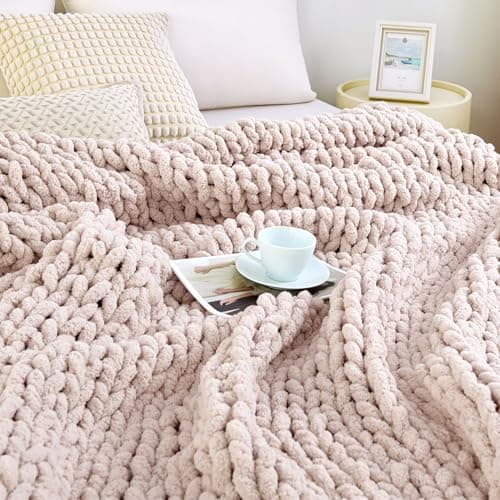 Admitrack Chunky Knit Blanket Throw, 100% Hand Knit Chenille Throw Blanket for Sofa & Home Decor, Soft and Cozy Knitted Throw Blankets (Pink,51"x63") - Image 1