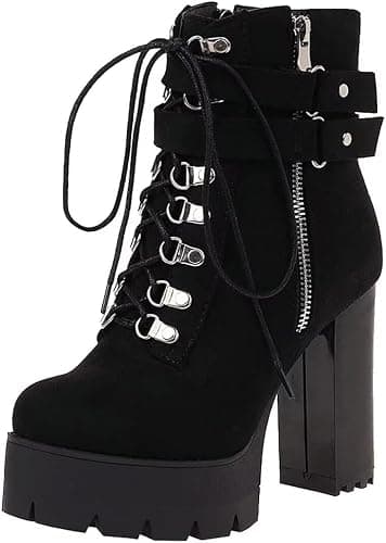Agodor Women's Goth Platform Combat Booties Lace up Round Toe Chunky High Heel Gothic Ankle Boots - Image 1