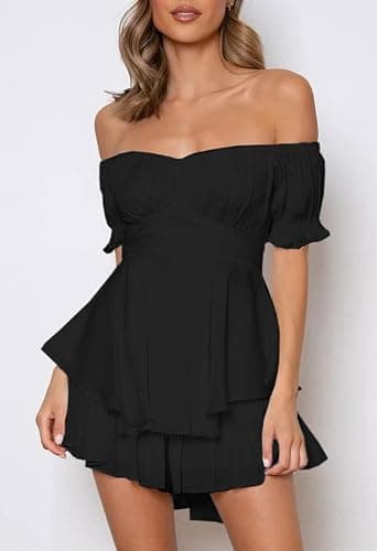 Fixmatti Women Boho Romper Off Shoulder Ruffle Chiffon Shorts Jumpsuit Playsuits thumbnail 7