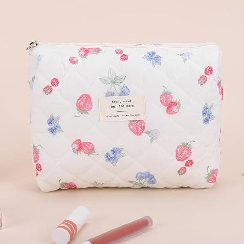 Quilted Makeup Bag Set 3 Pcs Cute Strawberry Makeup Bags For Women Large Aesthetic Floral Cosmetic Bag Coquette Cotton Makeup Pouch thumbnail 7