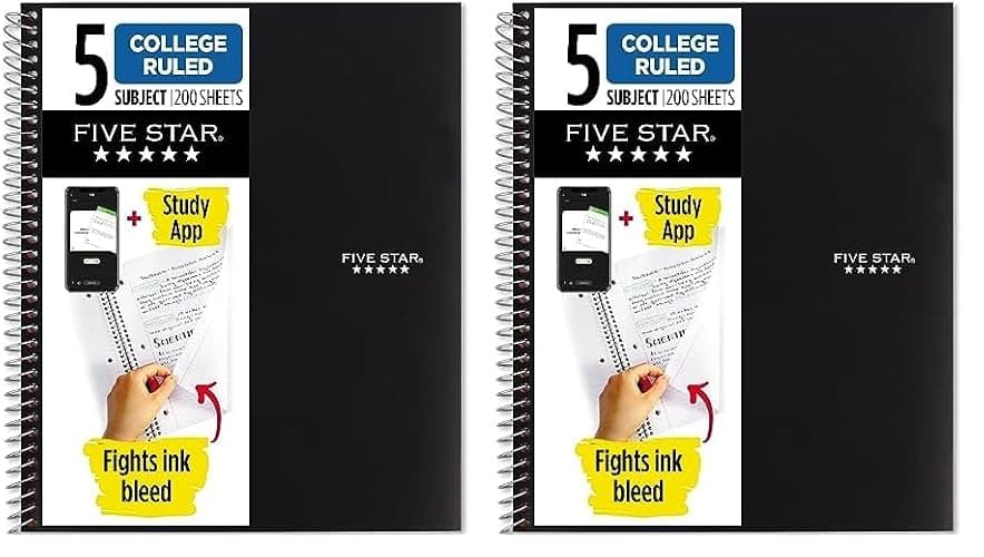Five Star Spiral Notebook + Study App, 5 Subject, College Ruled Paper, Fights Ink Bleed, Water Resistant Cover, 8-1/2" x 11", 200 Sheets, Black (72081) (Pack of 2) - Image 1
