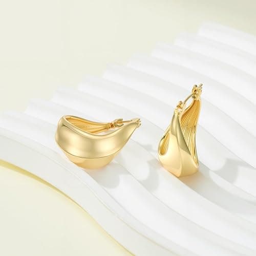 RYHIX Gold Plated Hoop Earrings for Women 14K Gold Plated Earrings for Women 14 Karat Hoops Earring Hypoallergenic Twisted Irregular-Shaped Design Hoops Earring for Womens 25mm thumbnail 5