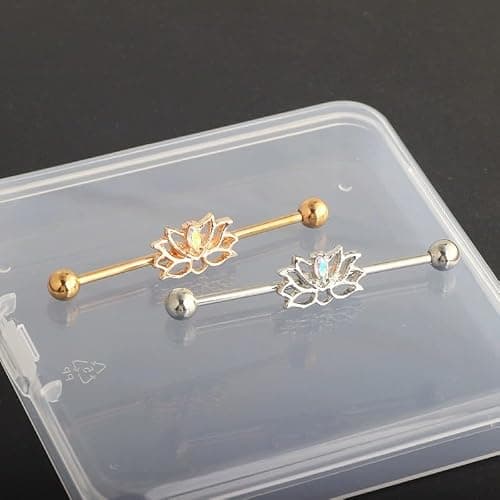 Zynova 14G Lotus Industrial Barbell Earring for Women 316L Surgical Steel AB Color Cubic Zirconia Flower Cartilage Industrial Bar 38mm Industrial Piercing Jewelry thumbnail 4