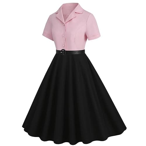 Women Short Sleeve 1950s Retro Vintage Cocktail Party Swing Dress Polka Dot Audrey Dress Casual A-Line Work Dress with Belt thumbnail 2