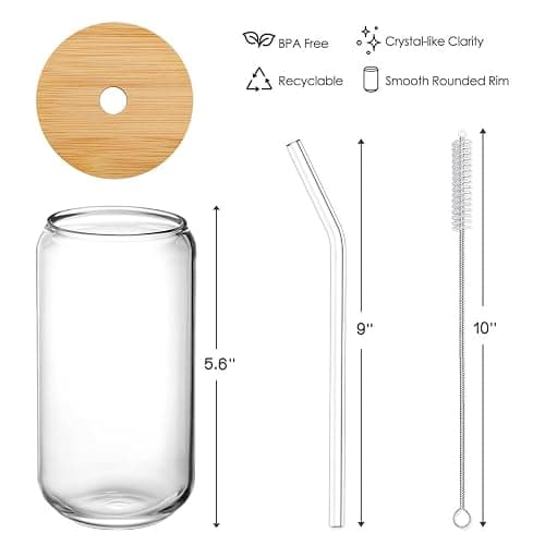 Drinking Glasses with Bamboo Lids and Glass Straw 4pcs Set - 16oz Glass Cups, Iced Coffee Glasses, Cute iced Tea Glasses, Beer Glasses, Ideal for Coffee Bar Accessories, Aesthetic Gift - 2 Brushes thumbnail 3