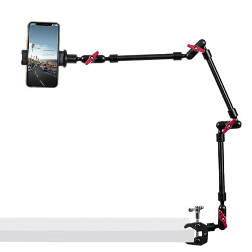 GOINWAVE Adjustable Articulating Magic Arm with Clamp and Phone Holder Clip for Desk Mount, Desk Stand, Cell Phone Tripod - Image 1