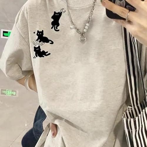 Womens Casual Y2k Tops Streetwear Oversized Tees Kawaii Cat Graphic Baggy Shirts Harajuku Cotton Tshirt Alt Clothes thumbnail 2