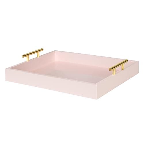 Kate and Laurel Lipton Decorative Tray with Polished Gold Metal Handles, Soft Pink - Image 1