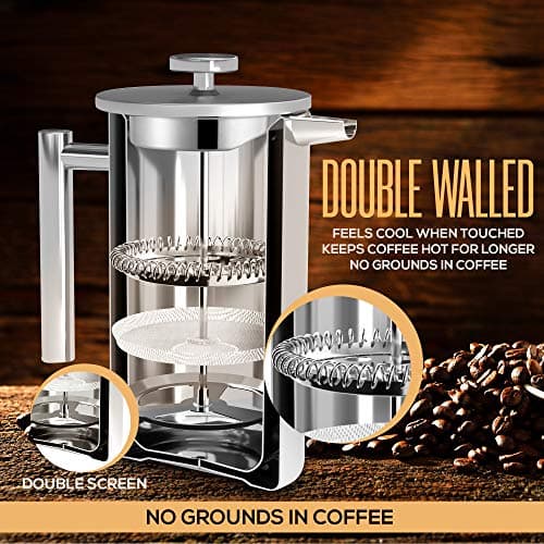 Utopia Kitchen 304 Grade Stainless Steel French Press Coffee Maker 34 Oz, Double Wall Insulated Coffee Press with 4-Level Filtration System, Include 2 Extra Filters, Rust-Free, Dishwasher Safe, Silver thumbnail 6