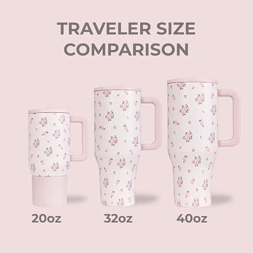 HydroJug Traveler - 32 oz Water Bottle with Handle & Flip Straw - Fits in Cup Holder, Leak Resistant Tumbler-Reusable Insulated Stainless Steel & Rubber Base - Gifts for Women & Men, Wildrose thumbnail 5