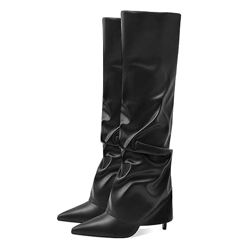 MOTIMODEN Women's Knee High Boots Fold Over High Heel Pointed Toe Black White Long Boots Women Dress Tall Boots for Women thumbnail 5