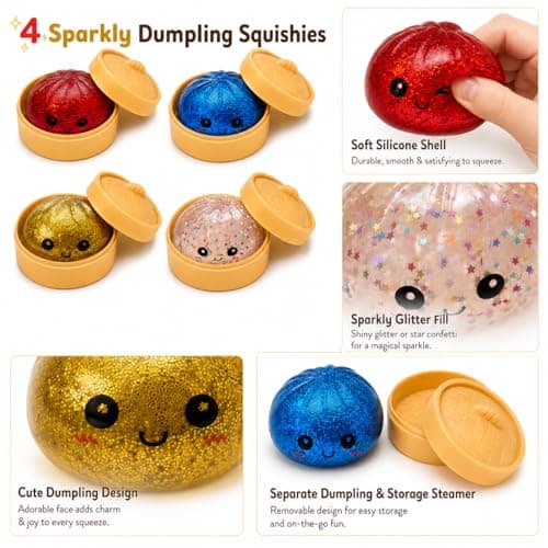 2PCS Dumpling Squishies Toys with Food Steamer,Sparkly Glitter Squeeze Dough Fidget Sensory Stress Balls,Hand Desk Toys for Stress Relief Squishies Dumpling Gifts,Red&Blue thumbnail 4
