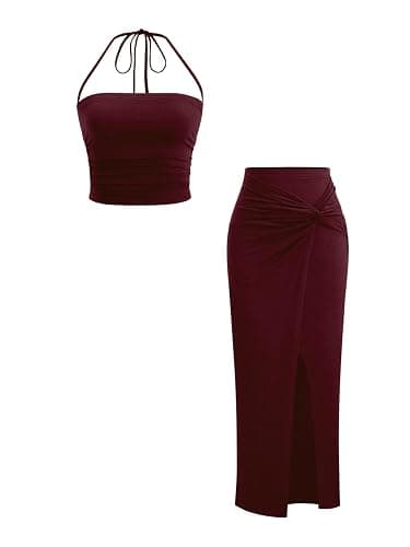 Verdusa Women's 2 Piece Vacation Outfits Ruched Crop Halter Top with Slit Bodycon Long Skirt Y2k Clothing Set - Image 1