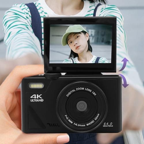 Yunir 4K Digital Camera 64MP UHD 18X Zoom Autofocus Retro Compact Digital Camera with 3 Inch Flip Screen for Travel Photography thumbnail 4