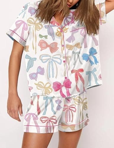 Passec Womens Christmas Pajamas Shorts Sets Satin Silk 2 Pieces Xmas Pj Set Bown Down Bow Holiday Jammies thumbnail 3
