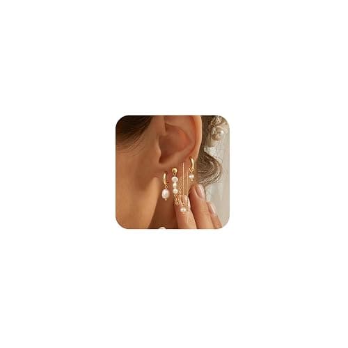 Pearl Earring Stacks for Women – Dainty 14K Gold Plated Hypoallergenic Hoop & Dangle Earrings Set - Image 1