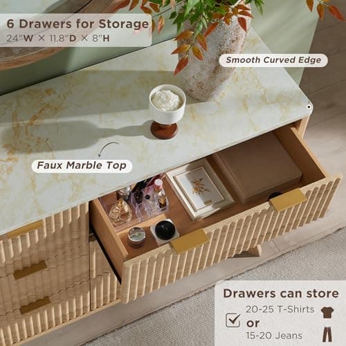 T4TREAM Fluted 6 Drawers Dresser, 54" Wide Modern Chest of Drawers with Faux Marble Top, Curved Profile Design, Dresser TV Stand, Wood Drawer Organizer for Bedroom, Living Room, Hallway, Natural Oak thumbnail 4
