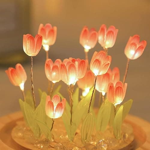 LOGAZOO (20 Flower) Birthday Gifts for Mom, Tulip Lamp Night Light with Glass Dome,Handmade Artificial Flower Table Lamp Bedroom Desk Decoration for Women Daughter Girlfriend Christmas Holiday Gift thumbnail 7