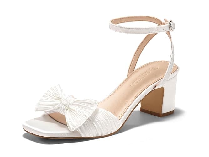 Coutgo Womens Bow Heels Sandals Block Low Heel Wedding Bride Dressy Shoes Open Toe Ankle Strap Sandals - Image 1