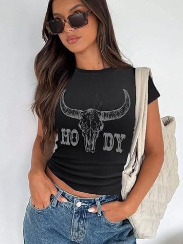 Tewmeu Cowgirl Outfits for Women Crop Tops for Teen Girl Y2k Clothes Cowboy Country Concert Graphic Tee Tops thumbnail 2