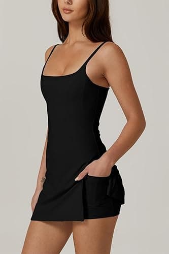 QINSEN Womens Spaghetti Strap Tennis Dress with Shorts Workout Side Slit Active Golf Dresses - Medium - Black thumbnail 3