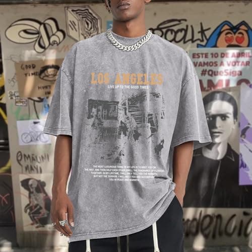 Pairxily Oversized Graphic Tshirts for Men Acid Wash Los Angeles Vintage Tees Streetwear Baggy Cotton Shirts Casual Tops(Light Gray,M) thumbnail 2