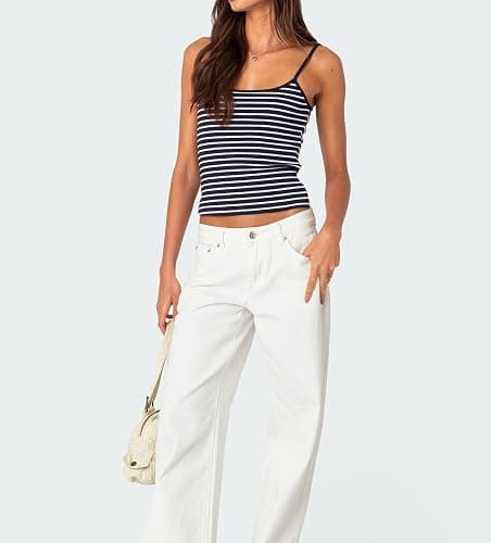 Women Stripe Print Cami Top Y2k Spaghetti Strap Backless Crop Tank Aesthetic Sleeveless Slim Fit Going Out Tops thumbnail 5