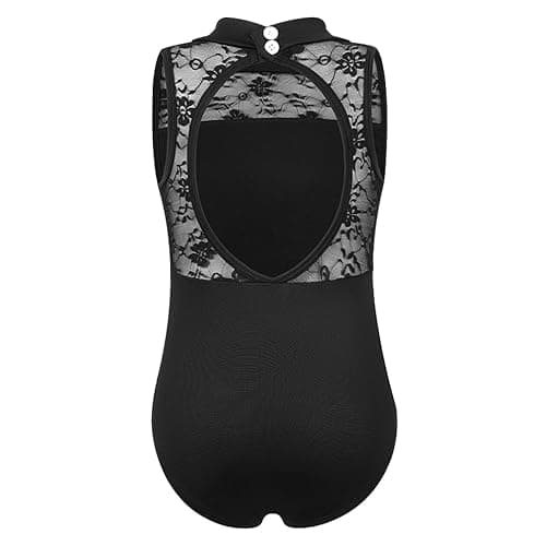Tegmk Girls Turtleneck Dance Leotard for Ballet, Lace Neckline, Full Front Lining, Hollow Back thumbnail 3
