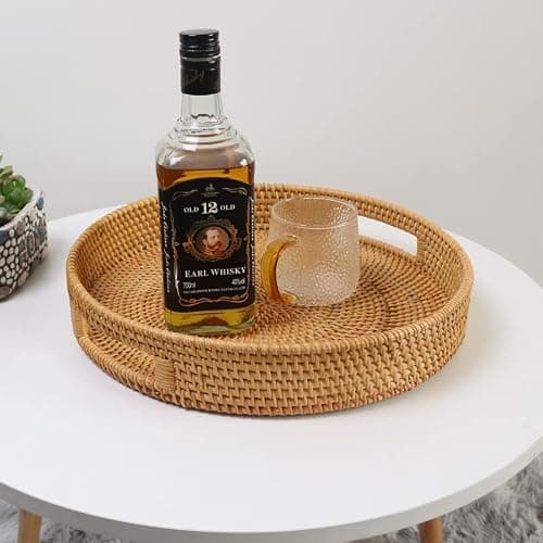 Coffee Table Tray Round Rattan Ottoman Tray Woven Serving Trays with Handles for Home and Kitchen Decorative Natural (Large 14 inch x 2.4 inch) thumbnail 5