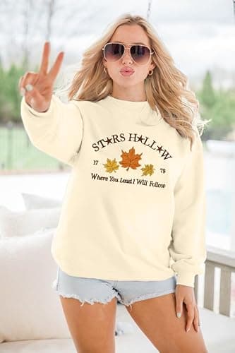 MYHALF Crewneck Sweatshirt for Women Fall Leaf Graphic Sweatshirts Vacation Long Sleeve Drop Shoulder Pullover thumbnail 4