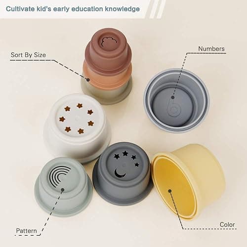 BOBXIN Stacking Cups Baby Building/Bathtub/Beach Toy, Nesting Cup Early Educational Montessori Toddlers Stacking Toy, 8 Pcs with Numbers & Pattern, Fun for Kid Baby 6-12 Months Play for Indoor/Outdoor thumbnail 4