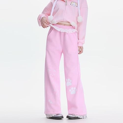 Womens Y2K Kawaii Lace Sweatpants Elastic Drawstring Loose Fit Casual Cat Graphic Cute Straight Leg Pants thumbnail 2