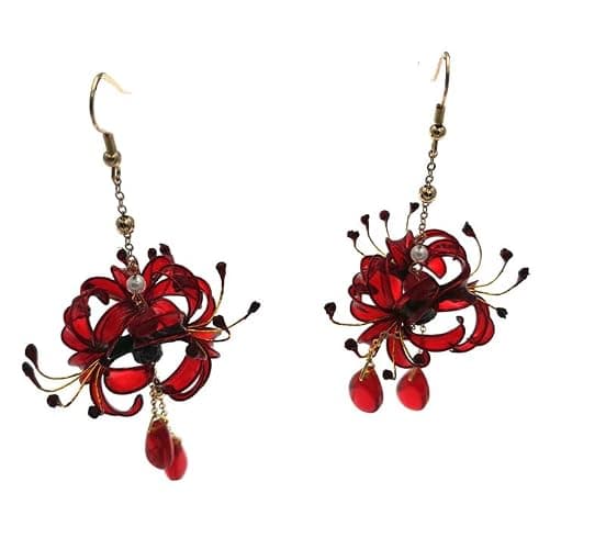 MIAO WU 1Pair Handmade Women Lycoris radiata Flower Earring, Ancient Hanfu Kimono Jewelry Eardrop,Artificial Ear Dangle Drop for Bridal Wedding Party Cosplay Decorations thumbnail 3