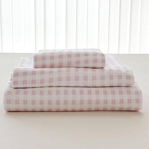 NSNLGSGC Pink Gingham Queen Sheet Set, Soft Brushed Microfiber Plaid Queen Bed Sheets, 4-Pieces Grid Sheet Set with Deep Pocket - Image 1