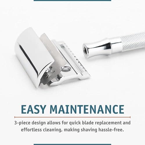 MERKUR 23C Double Edge Safety Razor - Polished Chrome, Long Knurled Brass Handle, Made in Germany, Plastic-Free, Three Piece Design, Closed Comb, Straight Bar thumbnail 10