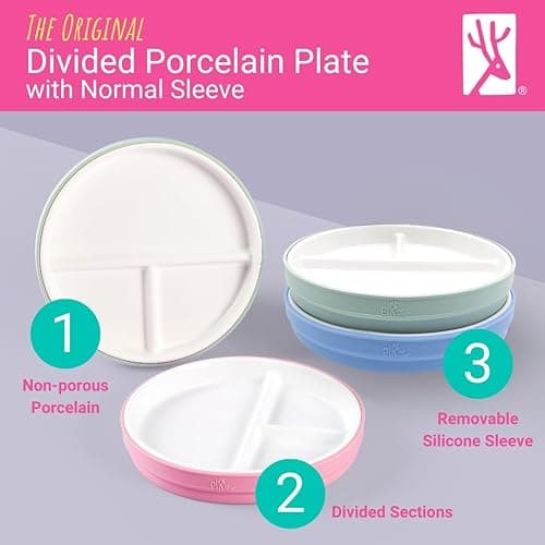Elk and Friends Kids 6.7” Porcelain Divided Plates with Silicone Sleeves | Suitable for Babies/Kids/Toddlers | Microwave & Dishwasher Safe | Non Slip | Snack Dishes - Sage/Misty Blue/Navy/Gray - 6.7" Divided thumbnail 4
