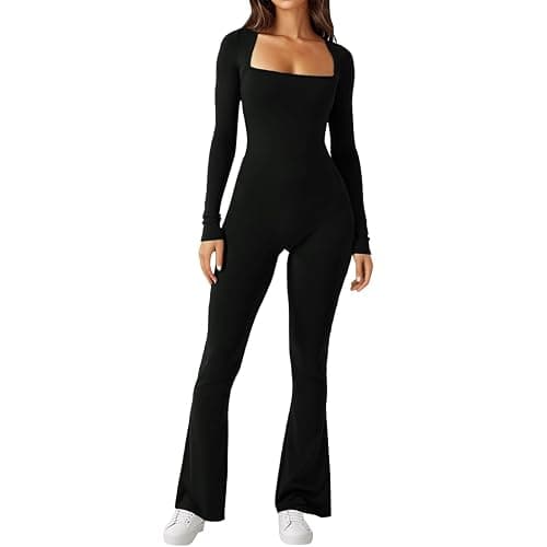 Long Sleeve Jumpsuits for Women Square Neck Wide Leg Full Length Romper Playsuit Flare Jumpsuits Black Small thumbnail 4