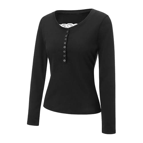 LYSINK Women Long Sleeve Tops Button Front Knit Tops Slim Fit Scoop Neck Solid Casual Henley Shirts Club Streetwear thumbnail 4