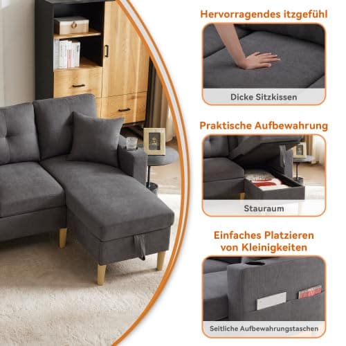 Merax L-förmiges Ecksofa mit Chaiselongue, 3-Sitzer Sofa mit Stauraum und Getränkehalter, Modernes Polstersofa aus Baumwoll-Leinen Stoff mit 2 Kissen, L Sofa für Wohnzimmer, Büro und Wohnung thumbnail 5