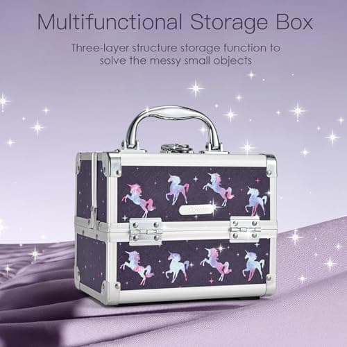 Joligrace Makeup Case for Girls Cosmetic Train Case Makeup Storage Box Jewelry Organizer Hair Accessories Lockable with Trays & Mirror Kids Gift Unicorn thumbnail 2