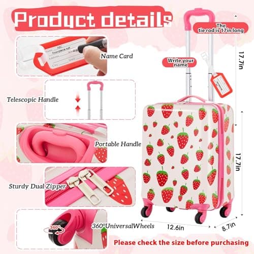 Redbaker 17 Inch 6 Pcs Kids Luggage Set Kids Rolling Luggage Double Pattern Suitcase for Boys Girls (Blush Pink, Strawberry Style) thumbnail 2