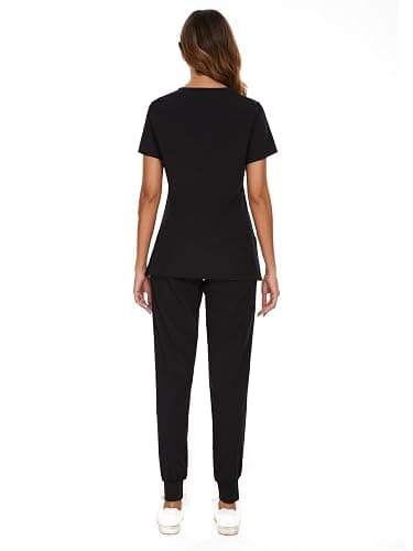 COZYFIT Scrubs for Women Set - Stretch V-Neck Scrub Top & Jogger Pant with 8 Pockets - Black - Medium thumbnail 3