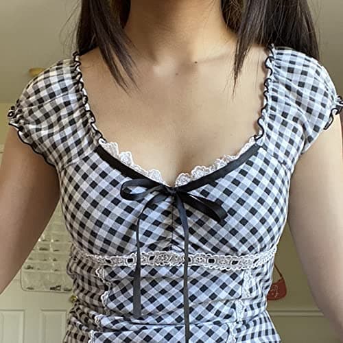 Women Fairy Grunge Y2K Shirts Summer Short Sleeve Lace Patchwork Tee Tops Vinatge E-Girls Aesthetic Clothes thumbnail 2