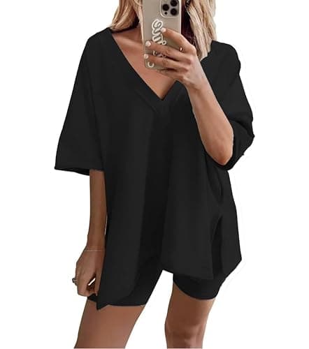 Yozazzy Women's Two Piece Outfits Oversized V Neck T Shirt Biker Shorts Reversible Sets Workout Tracksuit - Image 1