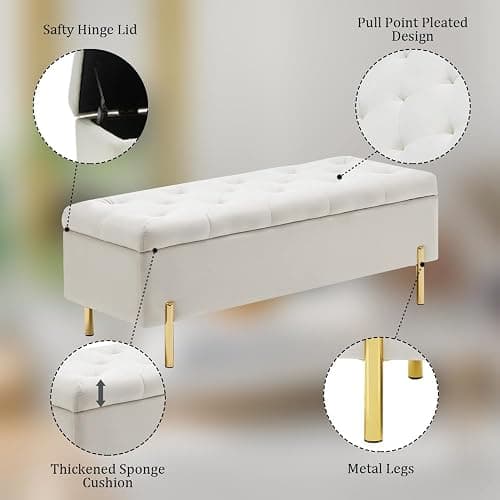 Ottoman with Storage Bech, Foot Rest Stool, 45.6 Inch Velvet Upholstered Storage Bench Tufted Settee, Folding Pouf Accent Ottoman, End of Bed Bench with Soft for Living Room Entryway Bedroom, White thumbnail 4